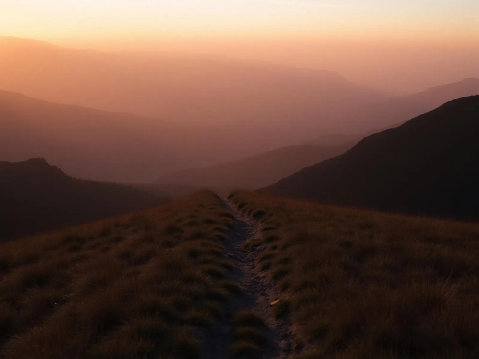 A hillside trail leading toward a wide golden sunrise over distant mountains