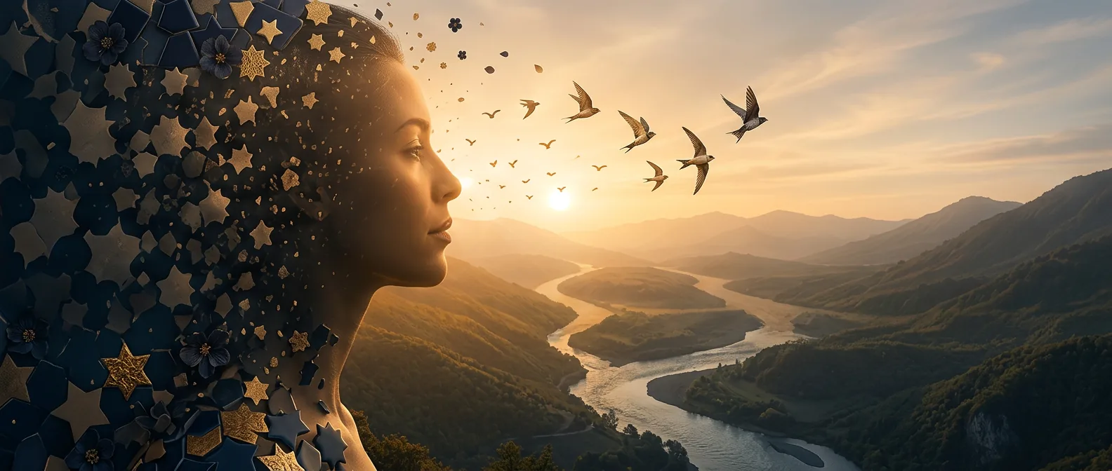 A woman's profile dissolving into navy and gold blossoms that lift into birds flying toward a sunrise over a river valley