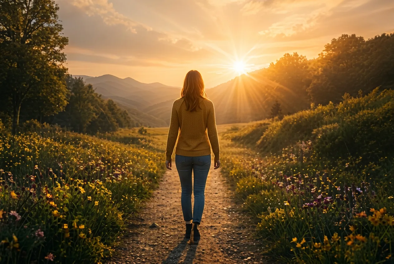 A woman walking a wildflower-lined path toward the warm light of sunrise