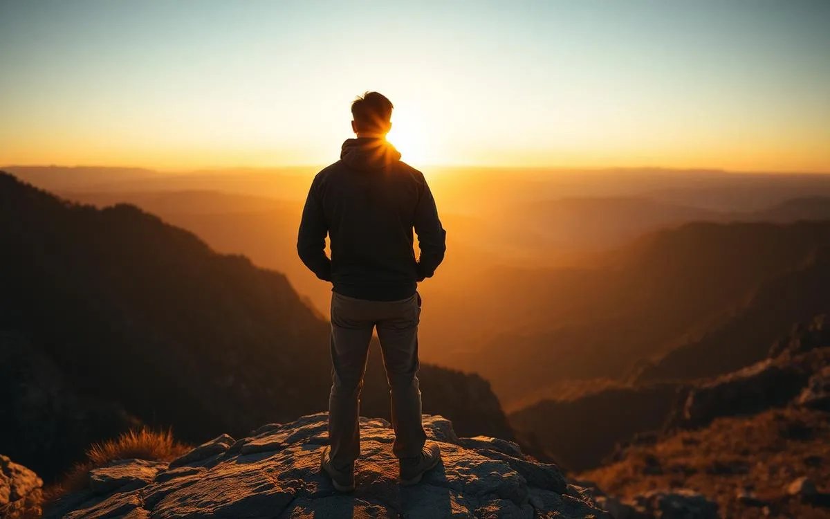A person standing on a rocky overlook facing an expansive mountain horizon at sunrise