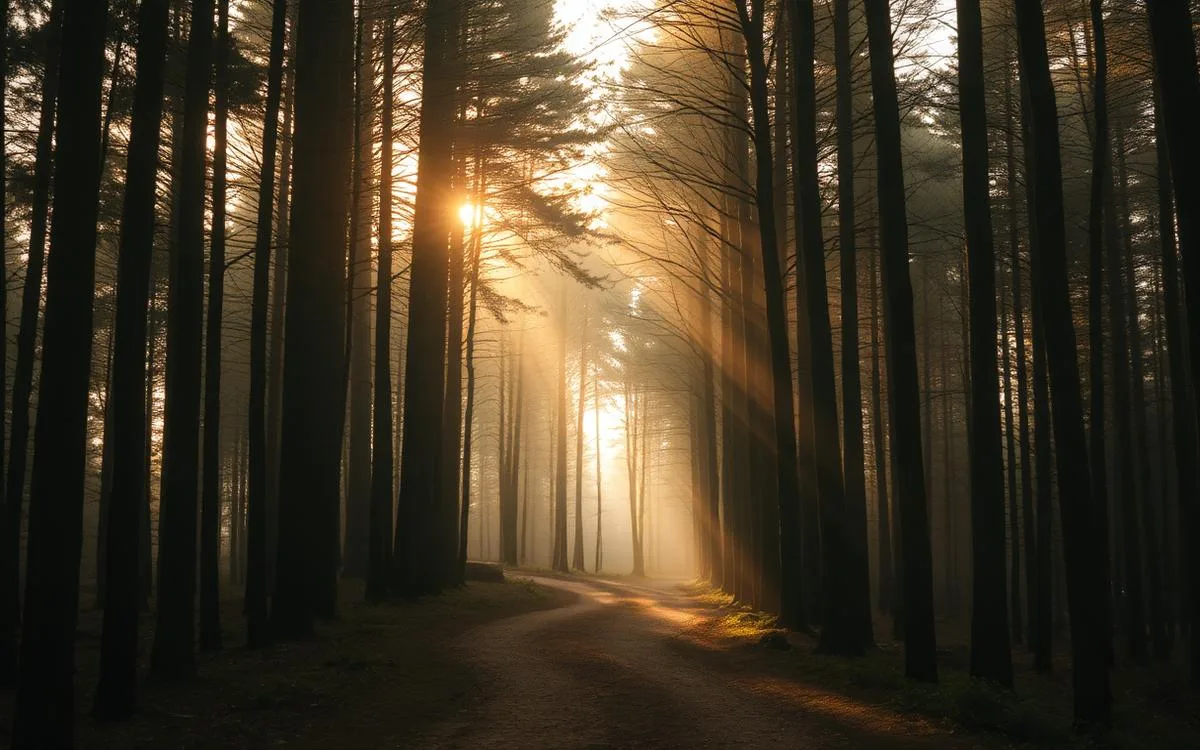 A winding forest path with warm sunlight streaming through tall trees toward an opening
