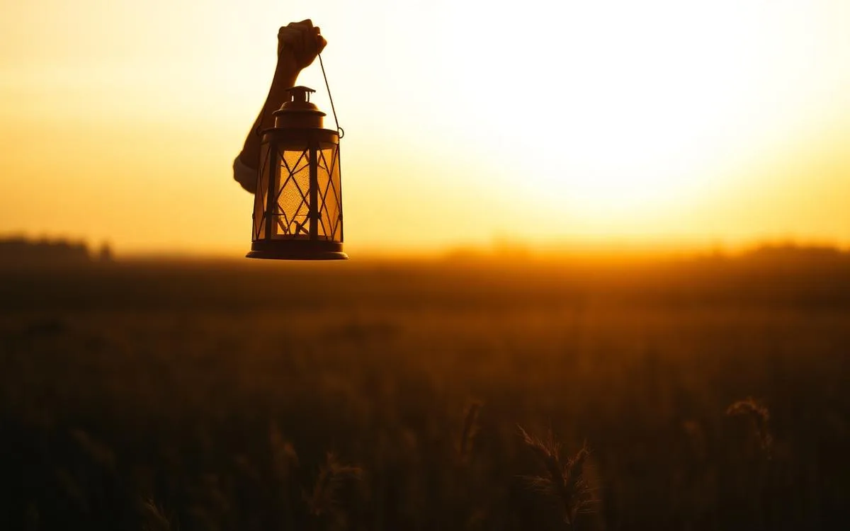 A hand holding up a glowing lantern in an open field at golden hour
