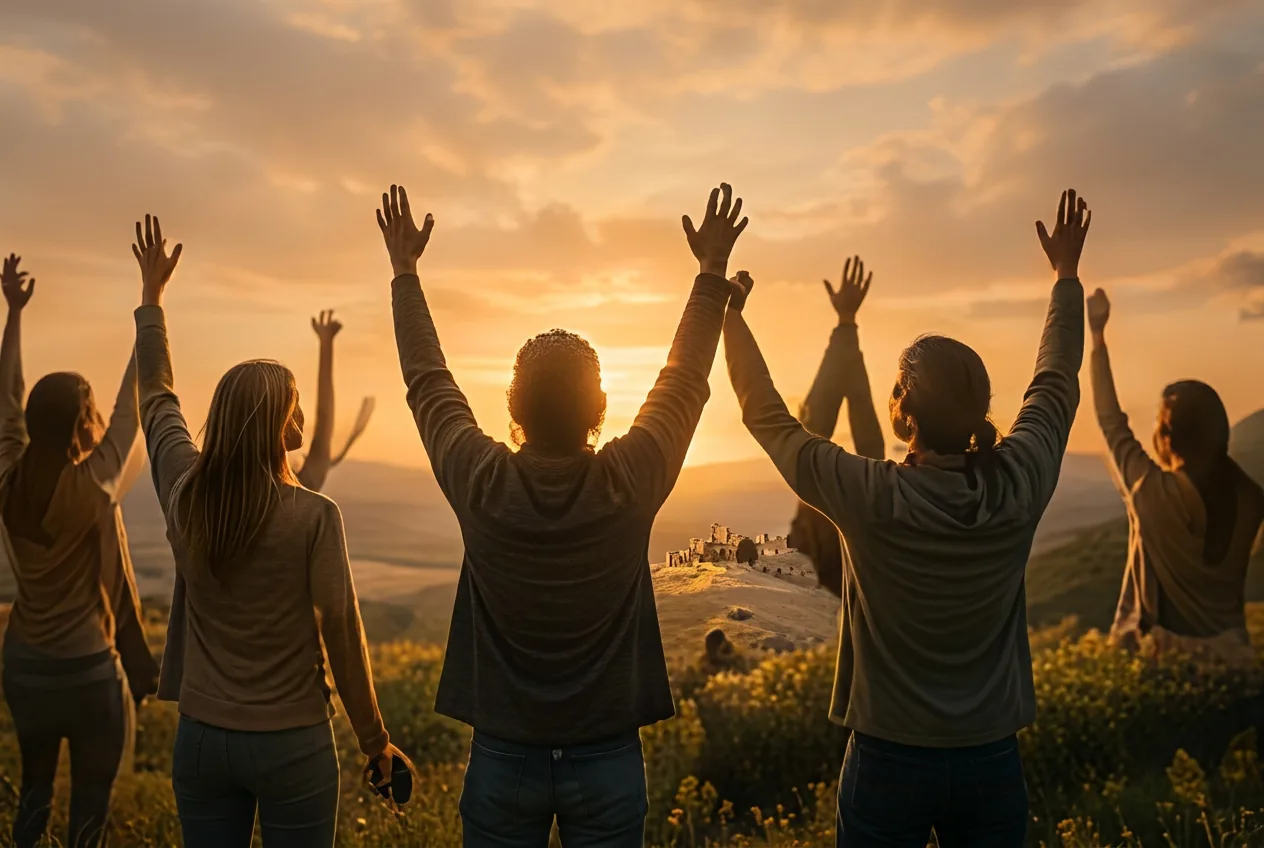 A small group on a hilltop at sunset with arms raised together in celebration
