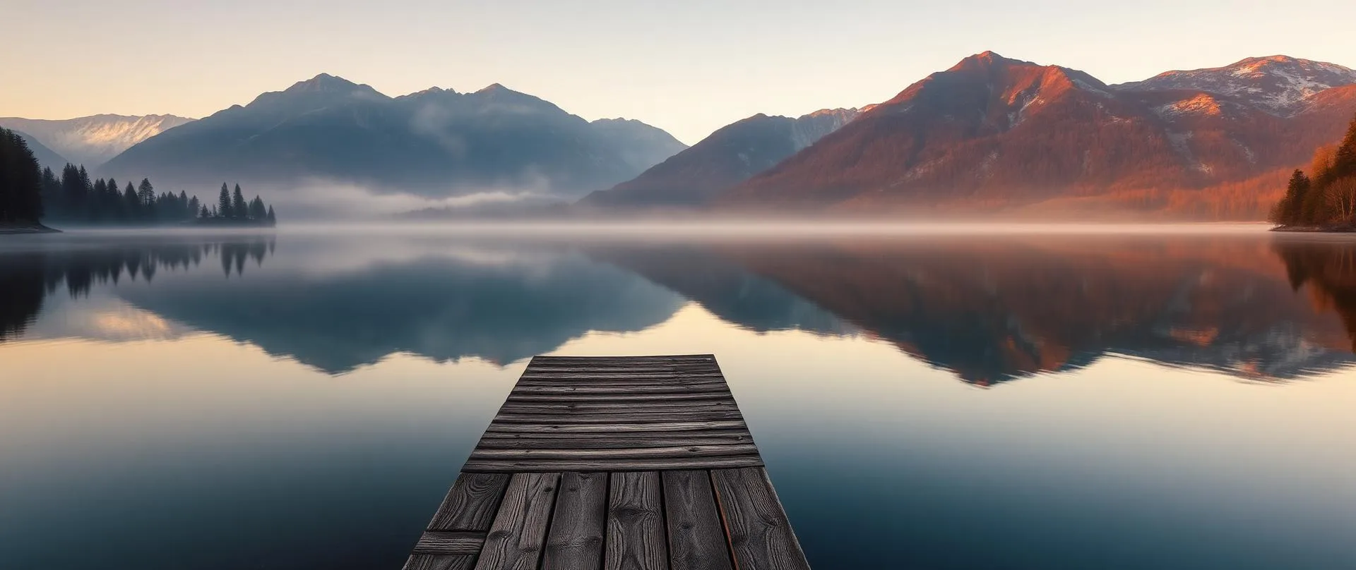 A still mountain lake at sunrise with a wooden dock reaching into the mirror-calm water